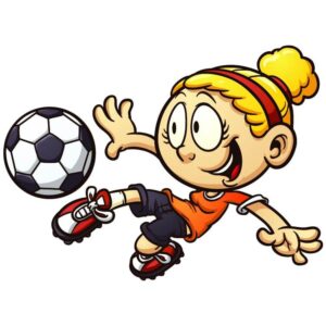 Cute girl kid playing soccer and football game as striker