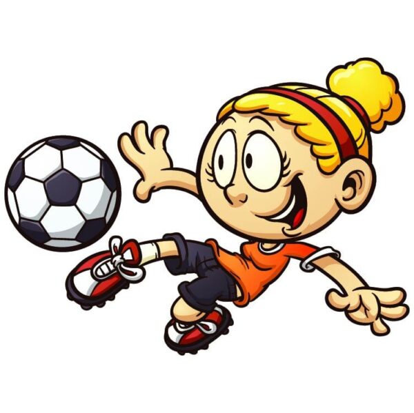 Cute girl kid playing soccer and football game as striker