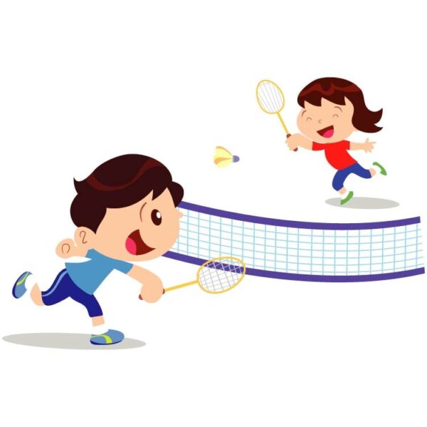 Cute happy kids badminton player with shuttle on court in flat style cartoon illustration