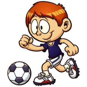 Cute kid boy play soccer and football as striker