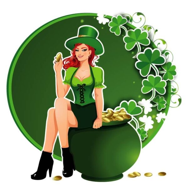 Cute lady in leprechaun costume sitting on gold pot with saint patricks background