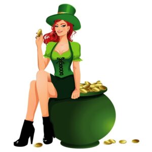 Cute lady in leprechaun costume sitting on pot with gold