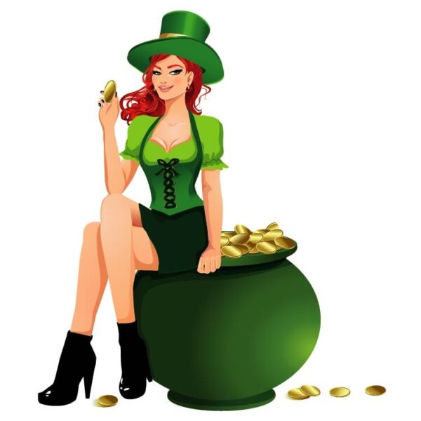 Cute lady in leprechaun costume sitting on pot with gold
