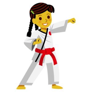 Cute little karate kid girl showing hand defense techniques and poses in martial art training