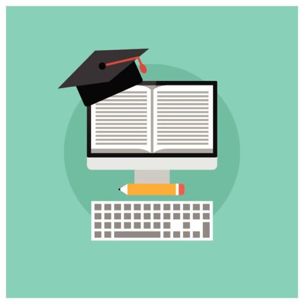 E-learning and online education with laptop and graduate hat