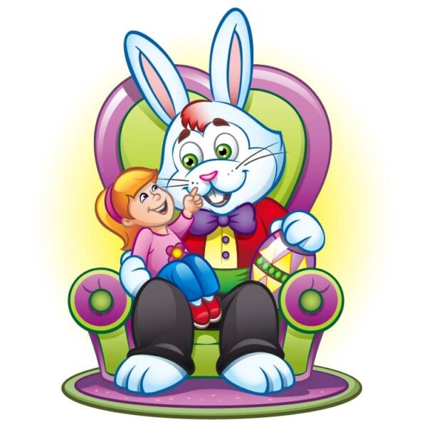 Easter bunny on the sitting prince chair with playing with a girl
