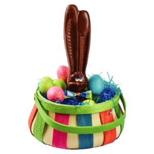 Easter chocolate bunny and eggs in a basket displayed