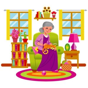 Elderly woman sitting on sofa and stroking a cat with house decoration