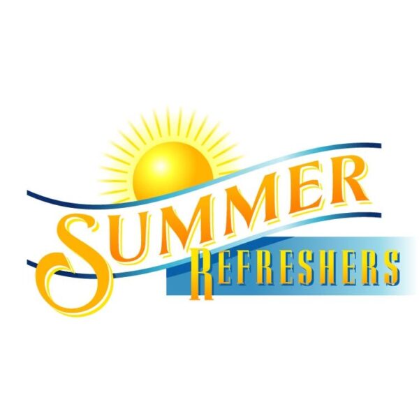 Emblem Summer Refreshers lettering with Sun isolated on white background