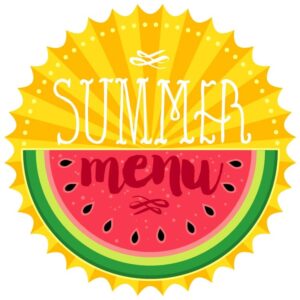 Emblem summer menu lettering with watermelon isolated on yellow background