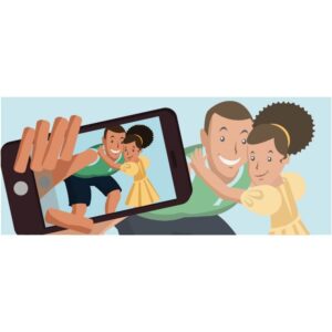 Father and daughter taking selfie cute cartoon isolated vector illustration