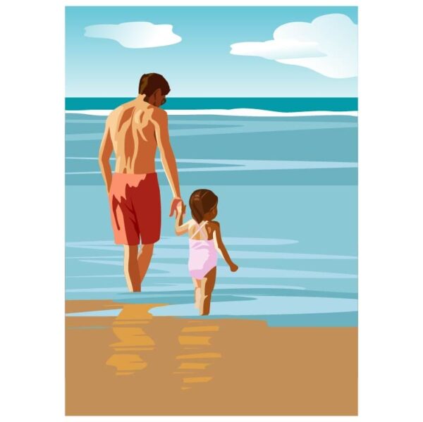 Father and daughter wearing swimwear with back running and holding hands together