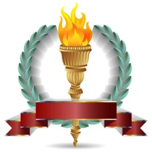 Flaming torch with red banner and wreath