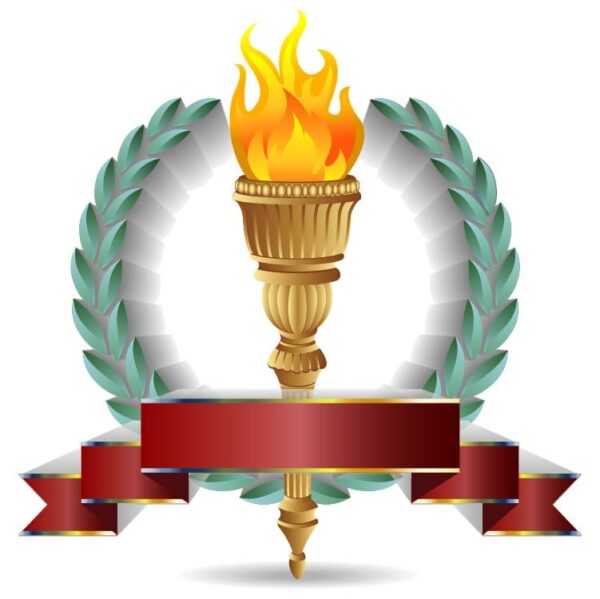 Flaming torch with red banner and wreath