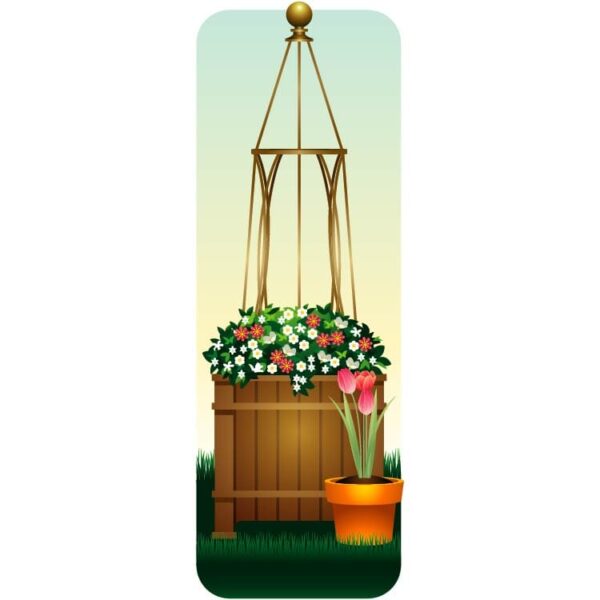 Flowers in a hanging pot with graden view