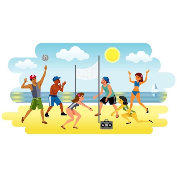Friends play volleyball on sand beach near sea