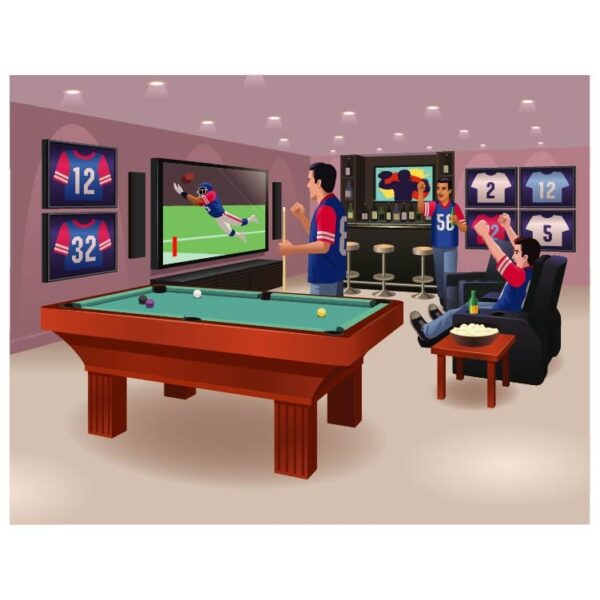 Friends watching American football game on TV near the Billiards or pool table and bar