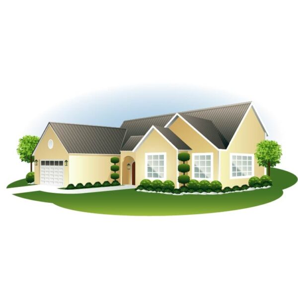 Front of a house with many trees and garden isolated on white background