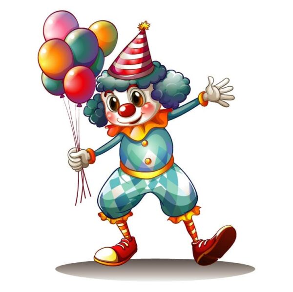 Funny clown with colorful balloons and big shoes