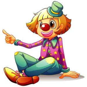 Funny lady joker in green pants and pink shirt