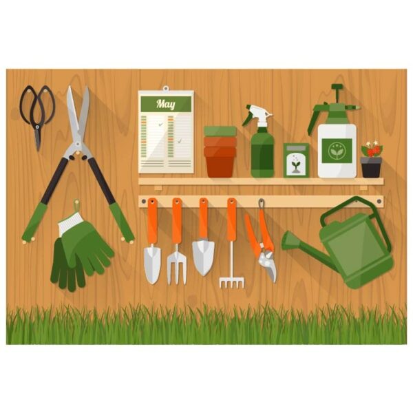 Gardening tools on a wooden shelf stock illustration