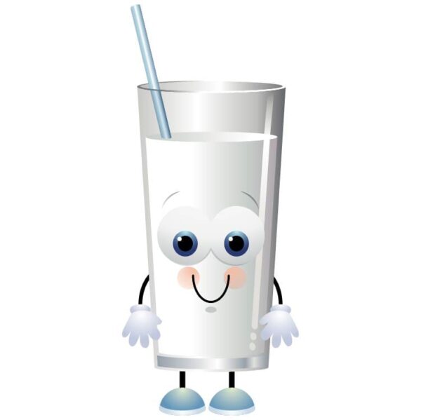 Glass of milk mascot with a foam finger and straw