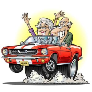 Grandma and grandpa riding a car with full enjoyment