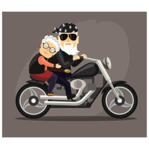 Grandma and grandpa riding a motorcycle