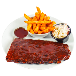 Grilled bbq ribs with french fries served and ready to eat