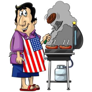 Happy american caucasian woman cooking on a barbecue grill