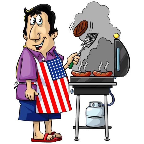 Happy american caucasian woman cooking on a barbecue grill