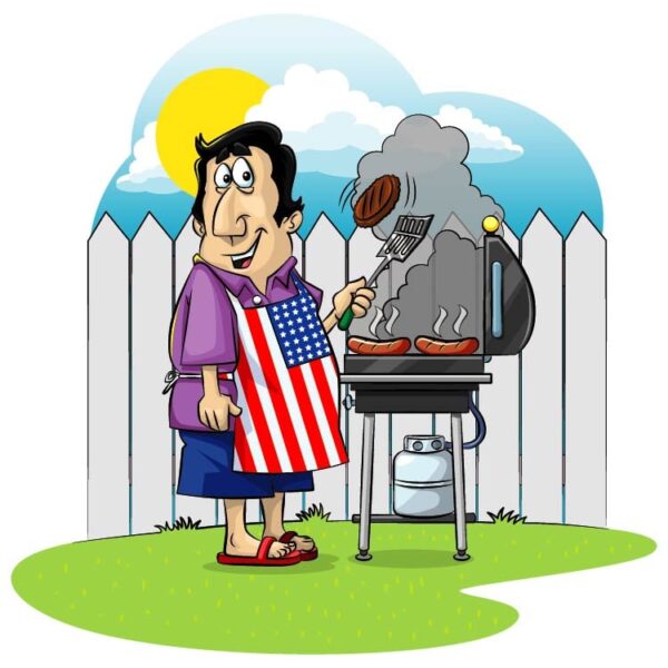 Happy american caucasian woman cooking on a barbecue grill in picnic
