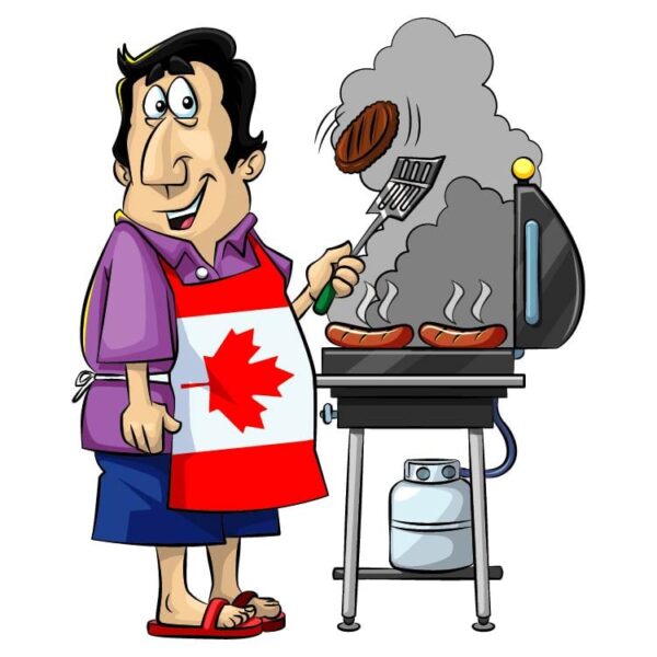 Happy canadian caucasian woman cooking on a barbecue grill