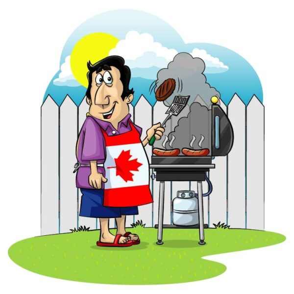 Happy canadian caucasian woman cooking on a barbecue grill in picnic