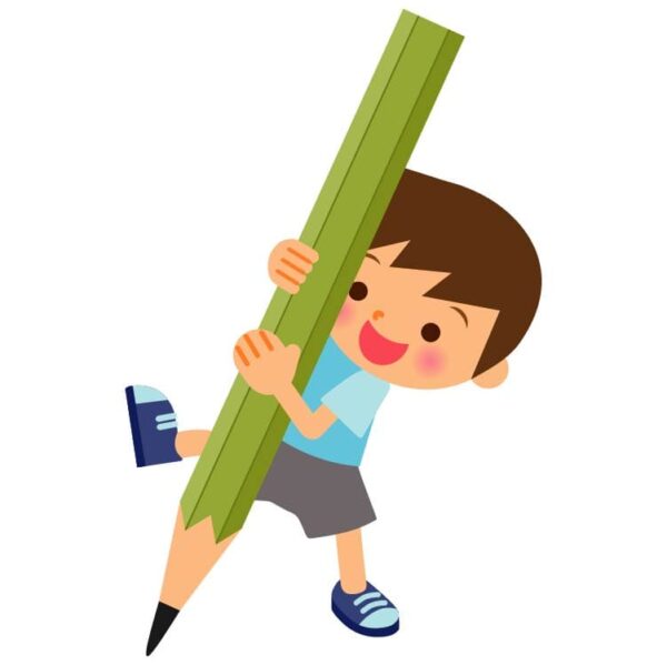 Happy cute kid boy holding big pencil