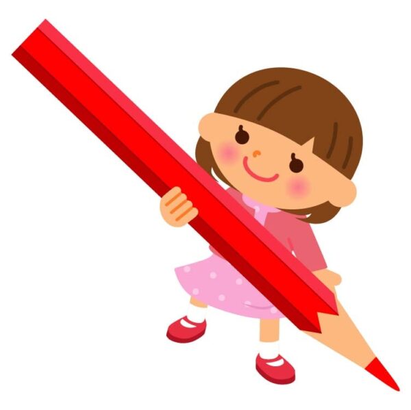Happy cute kid girl holding big pencil