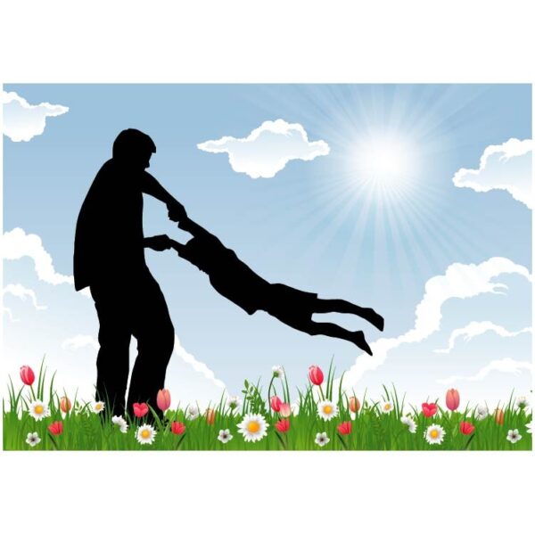 Happy fathers day and father playing with child outside at evening background