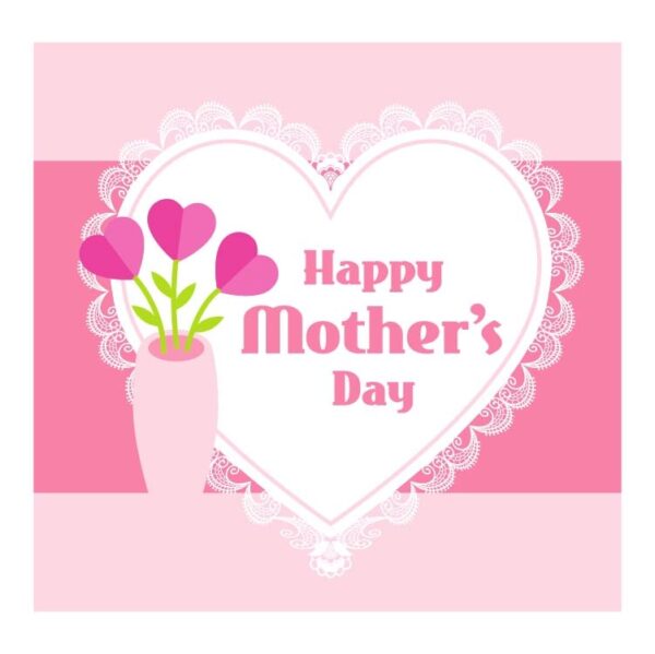 Happy mothers day on heart with bouquet isolated on pink background