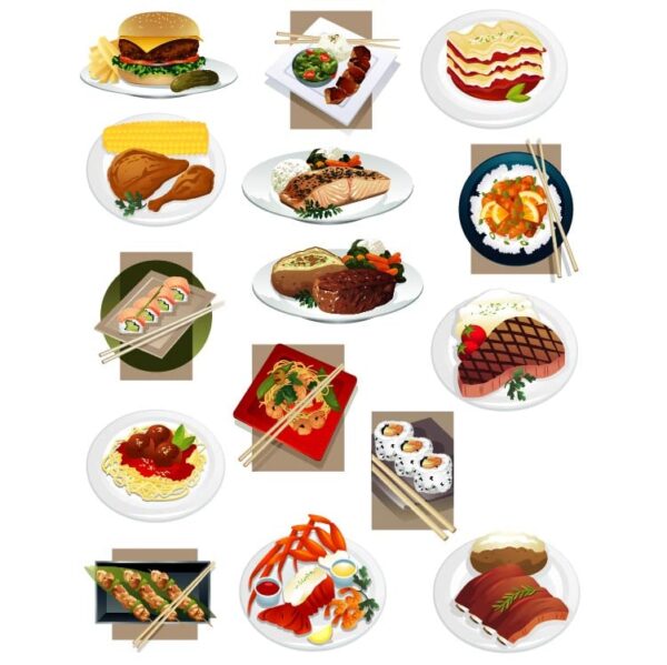 International different types of food on plates