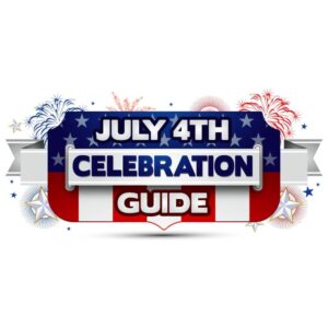 July 4th celebration guide with united states flag and fireworks