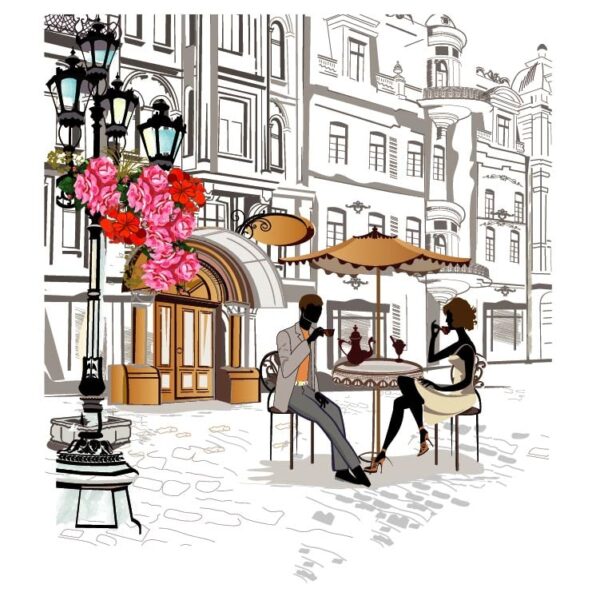 Man and woman sitting and drinking coffee in a street cafe