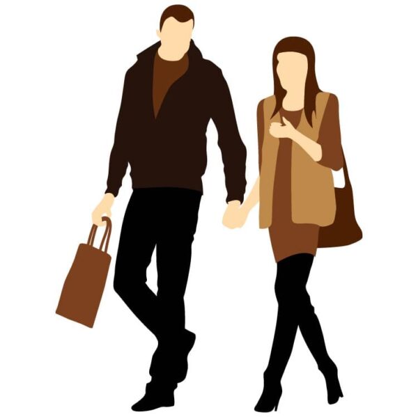 Man and woman walking with handbag and shopping bag