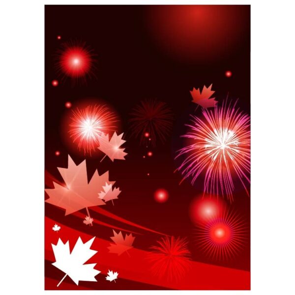 Neon maple leaf on the dark with fireworks