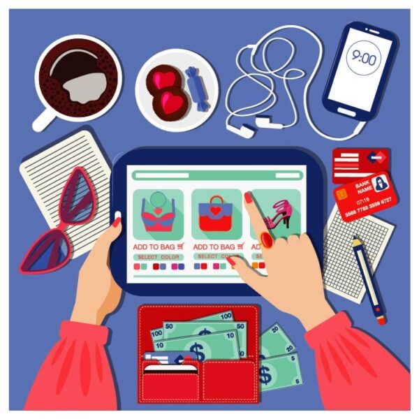 Online mobile shopping with tablet and money