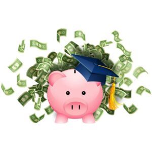 Piggy bank in graduate cap near stack of dollar savings for education higher education prices