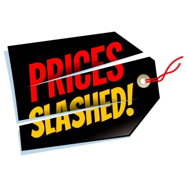 Prices slashed tag in red and yellow color