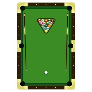 Realistic top view of pool table set of billiard balls and cue with Billiard table and green cloth