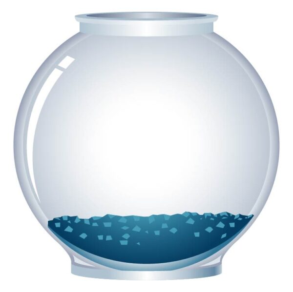 Round glass aquarium with sand and small stones