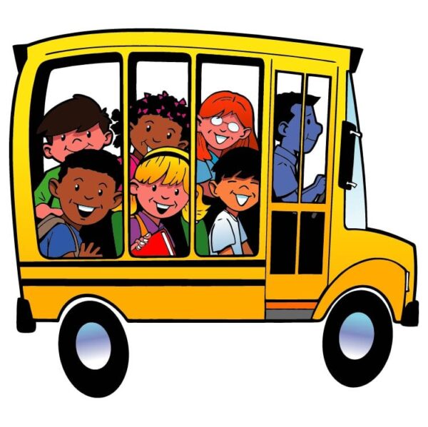 School bus with driver and childrens side view