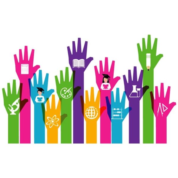 Science and education icons on hands up